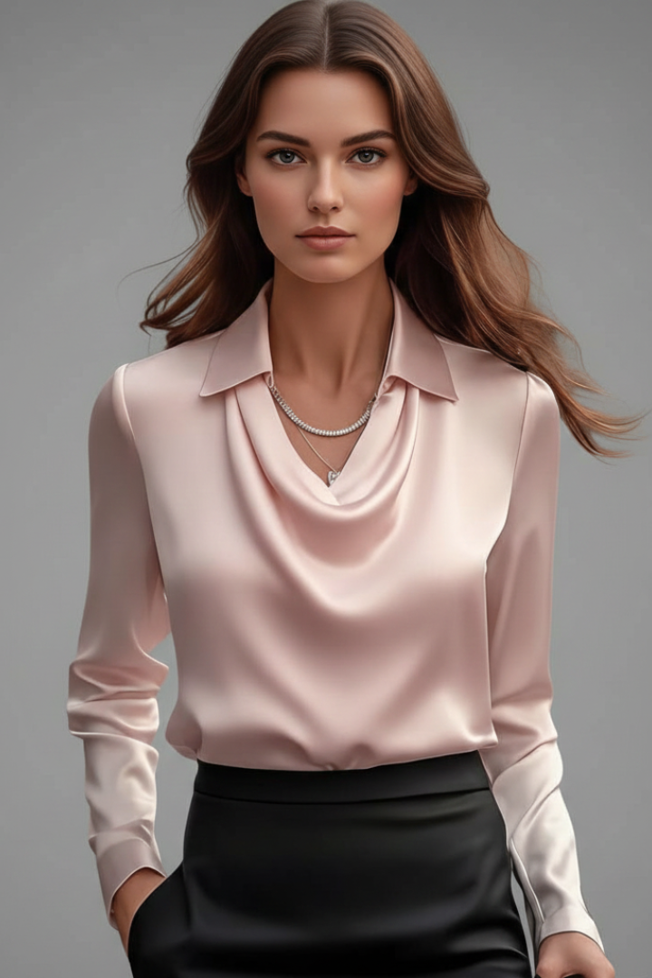 Nessa | Women's Elegant Satin Blouse – Draped Collar Office Long Sleeve Top
