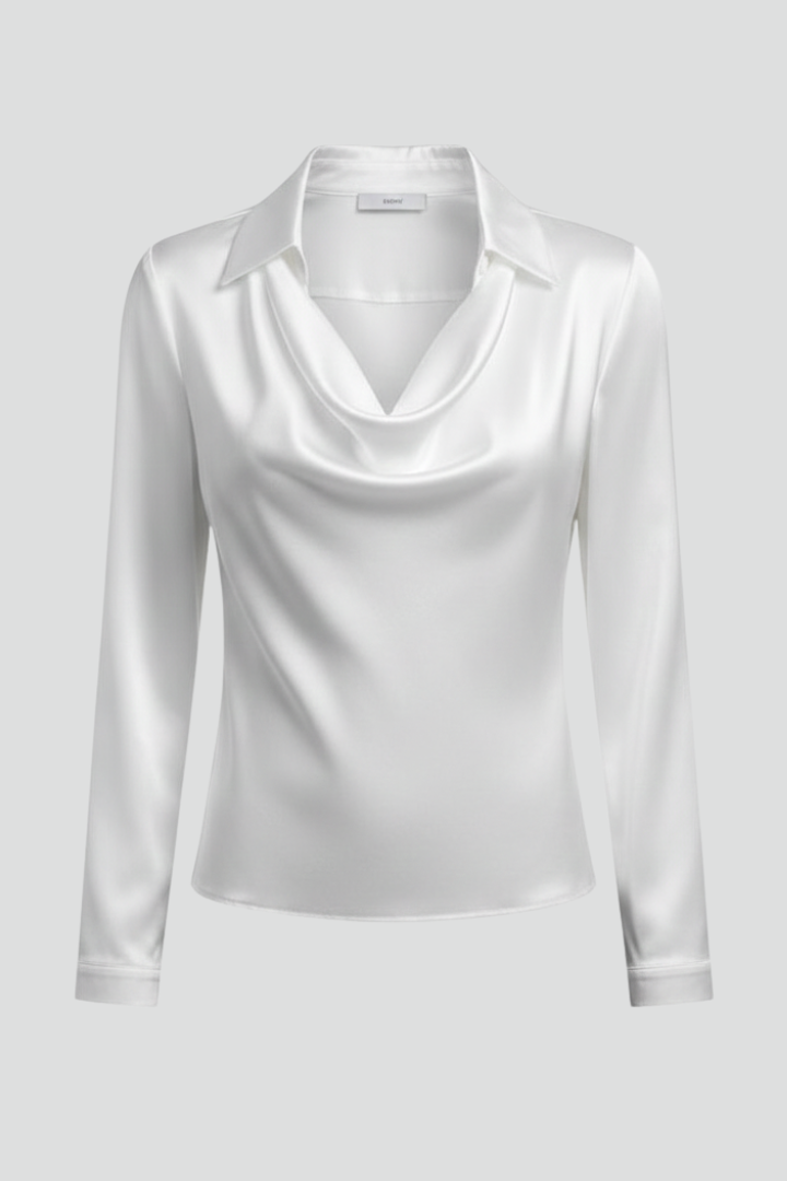 Nessa | Women's Elegant Satin Blouse – Draped Collar Office Long Sleeve Top