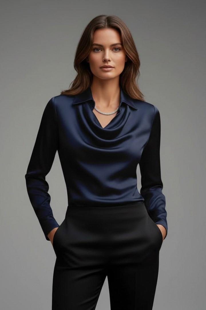 Nessa | Women's Elegant Satin Blouse – Draped Collar Office Long Sleeve Top