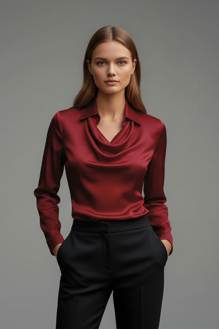 Nessa | Women's Elegant Satin Blouse – Draped Collar Office Long Sleeve Top
