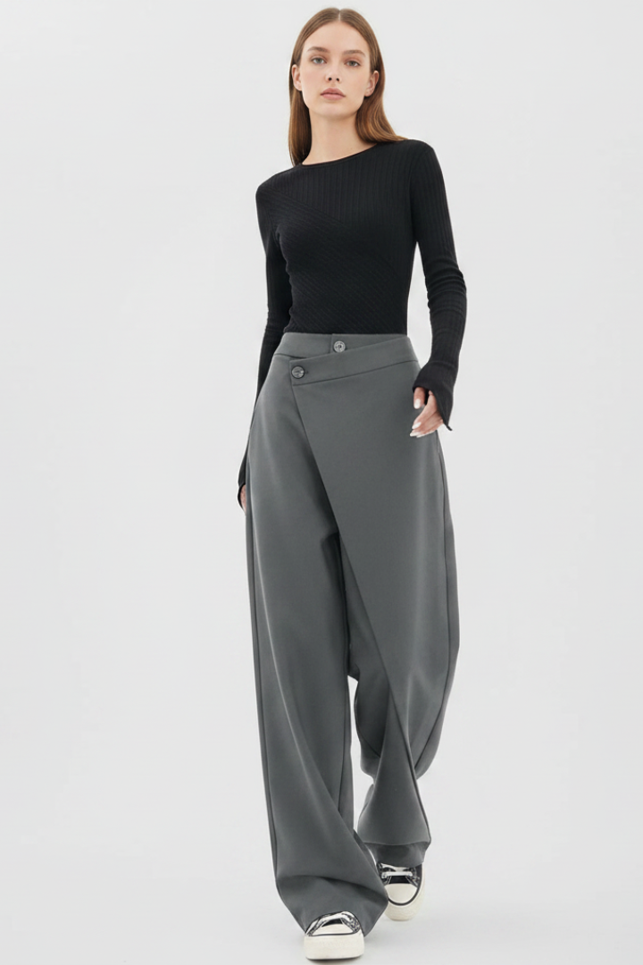 Nevara | Women’s High Waisted Wide Leg Trousers - Asymmetric Front Panel Pants with Pockets