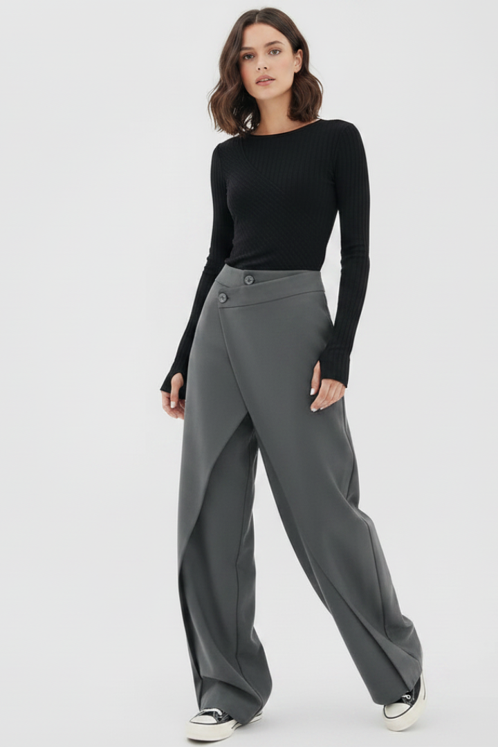 Nevara | Women’s High Waisted Wide Leg Trousers - Asymmetric Front Panel Pants with Pockets