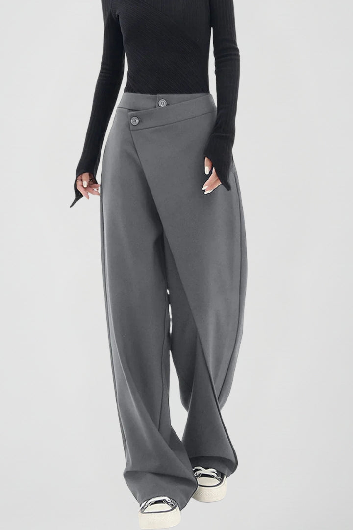Nevara | Women’s High Waisted Wide Leg Trousers - Asymmetric Front Panel Pants with Pockets