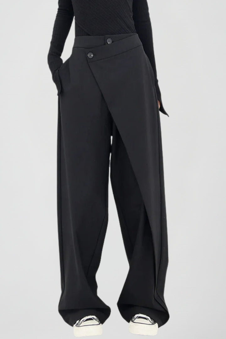 Nevara | Women’s High Waisted Wide Leg Trousers - Asymmetric Front Panel Pants with Pockets