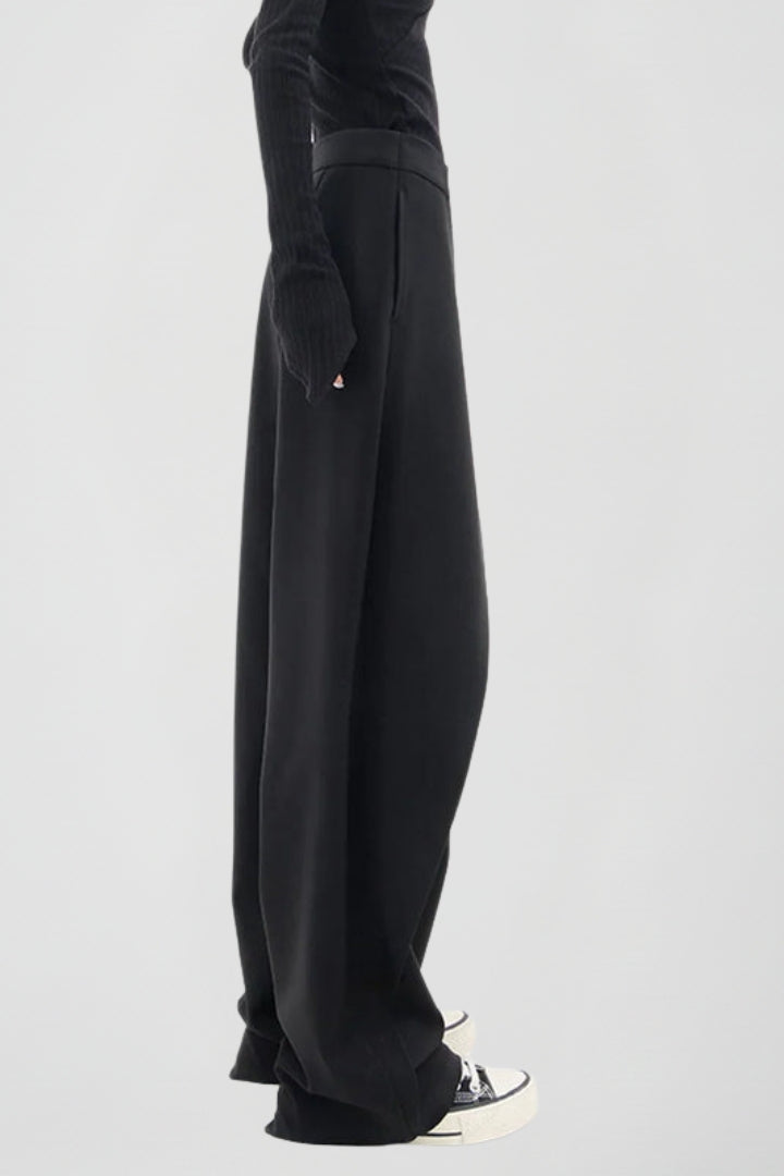 Nevara | Women’s High Waisted Wide Leg Trousers - Asymmetric Front Panel Pants with Pockets