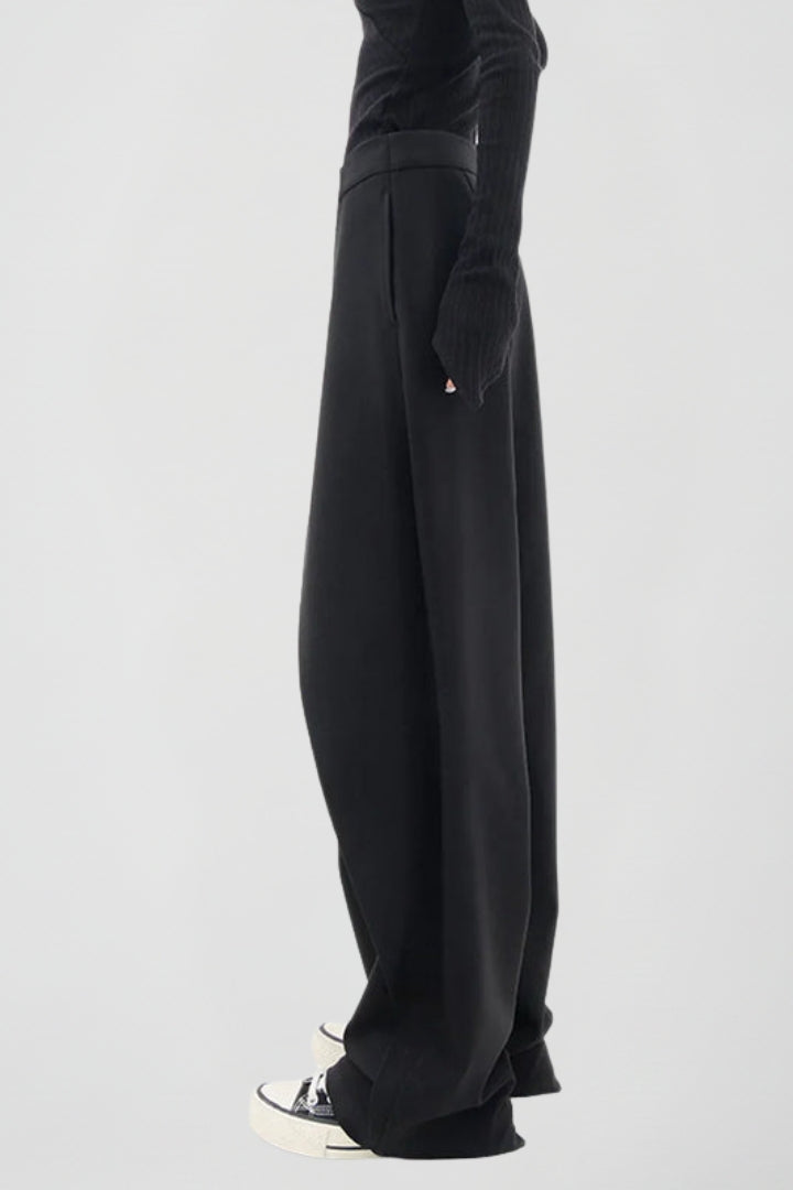 Nevara | Women’s High Waisted Wide Leg Trousers - Asymmetric Front Panel Pants with Pockets