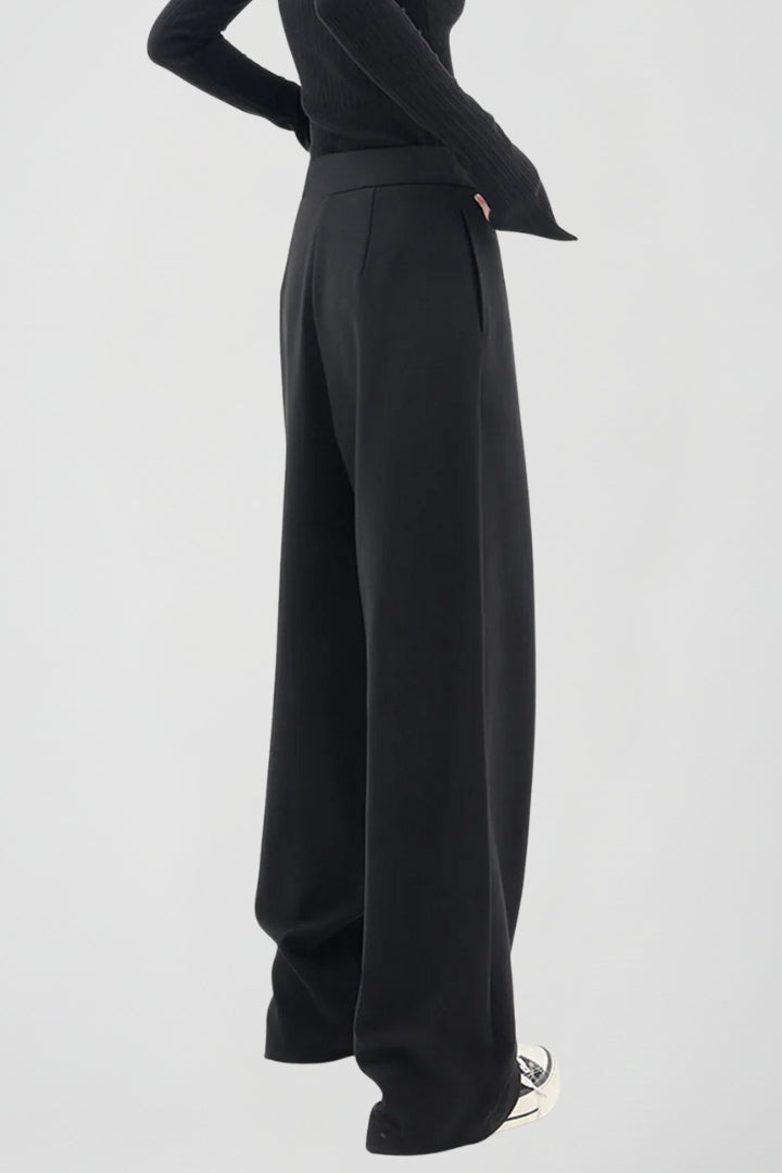 Nevara | Women’s High Waisted Wide Leg Trousers - Asymmetric Front Panel Pants with Pockets