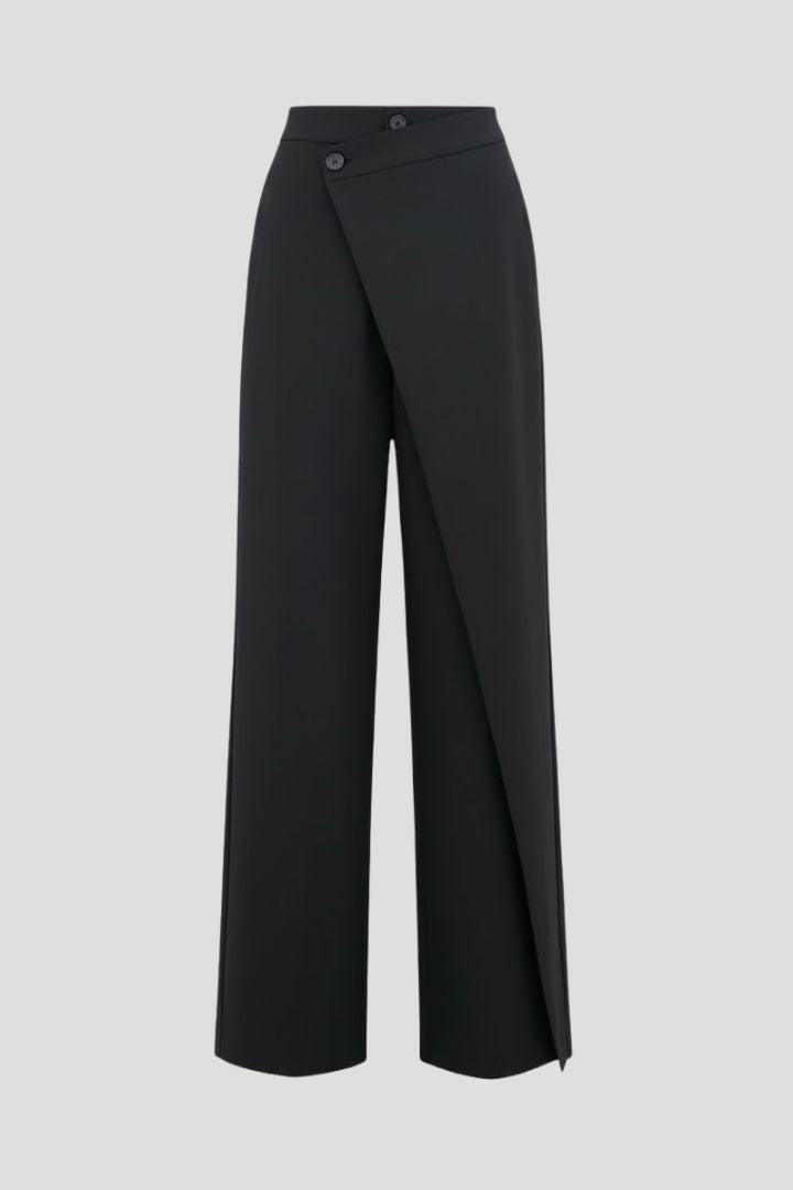 Nevara | Women’s High Waisted Wide Leg Trousers - Asymmetric Front Panel Pants with Pockets