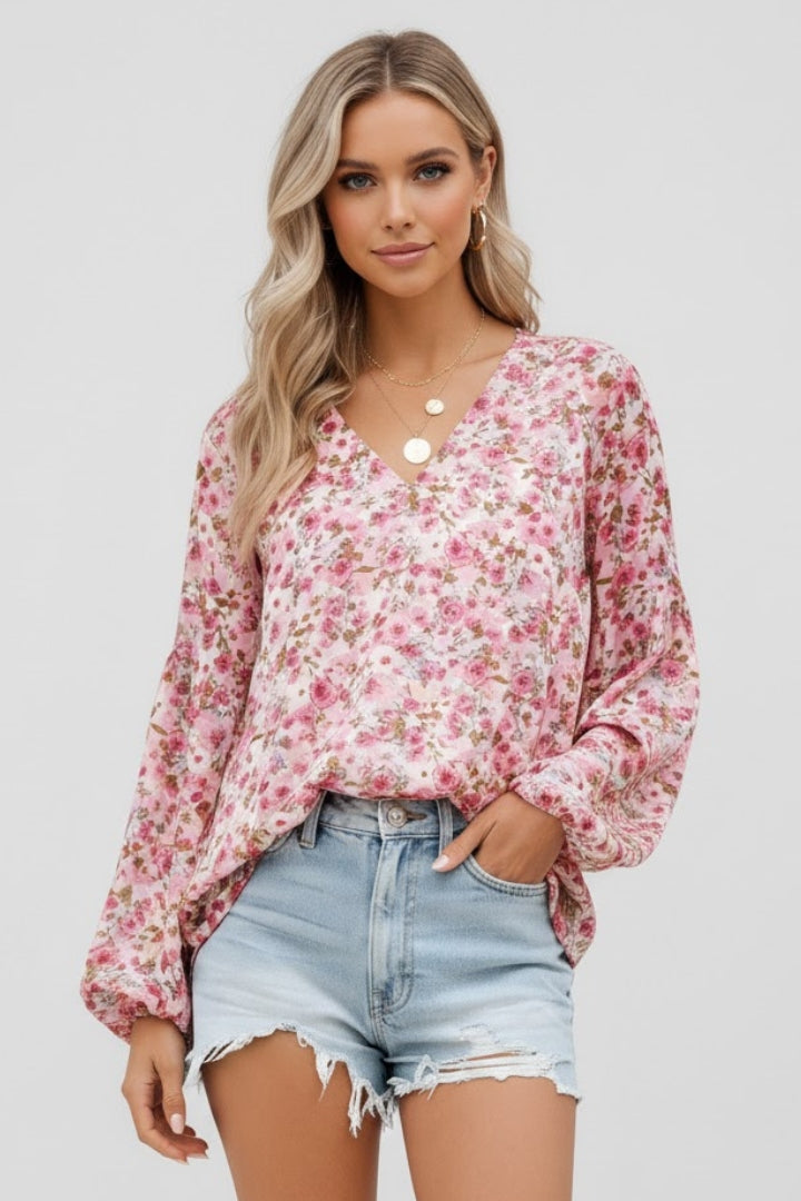 Nia | Women’s Floral V-Neck Blouse – Relaxed Fit Long Sleeve Casual Boho Top