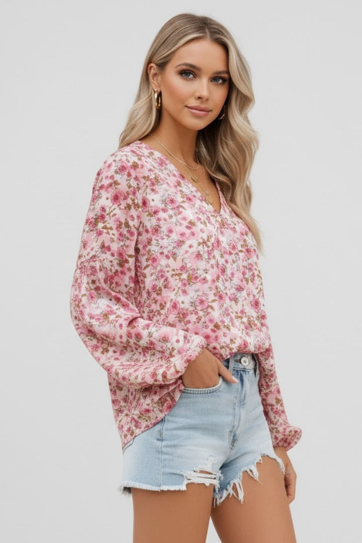 Nia | Women’s Floral V-Neck Blouse – Relaxed Fit Long Sleeve Casual Boho Top