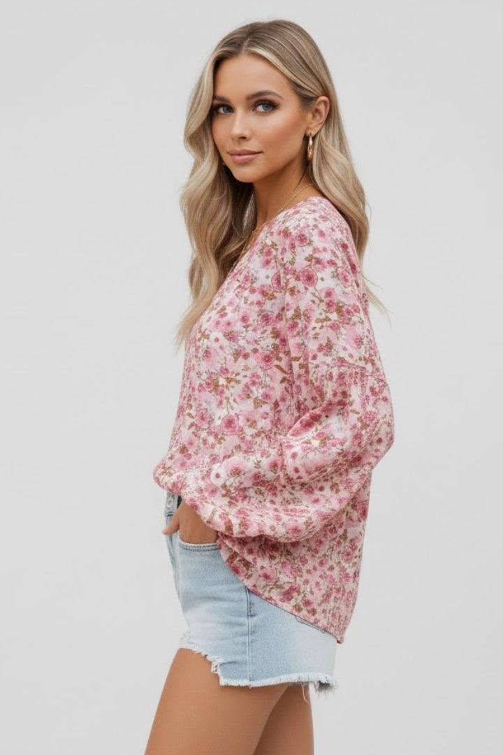 Nia | Women’s Floral V-Neck Blouse – Relaxed Fit Long Sleeve Casual Boho Top