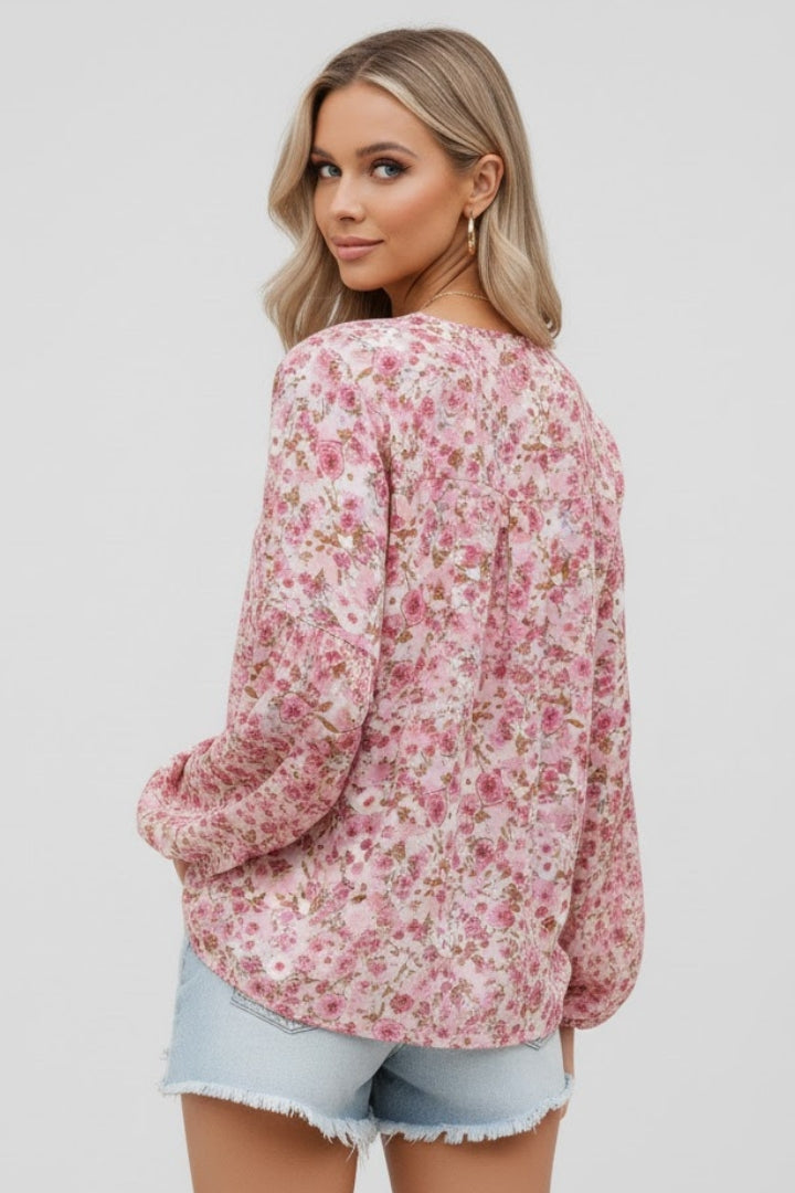Nia | Women’s Floral V-Neck Blouse – Relaxed Fit Long Sleeve Casual Boho Top