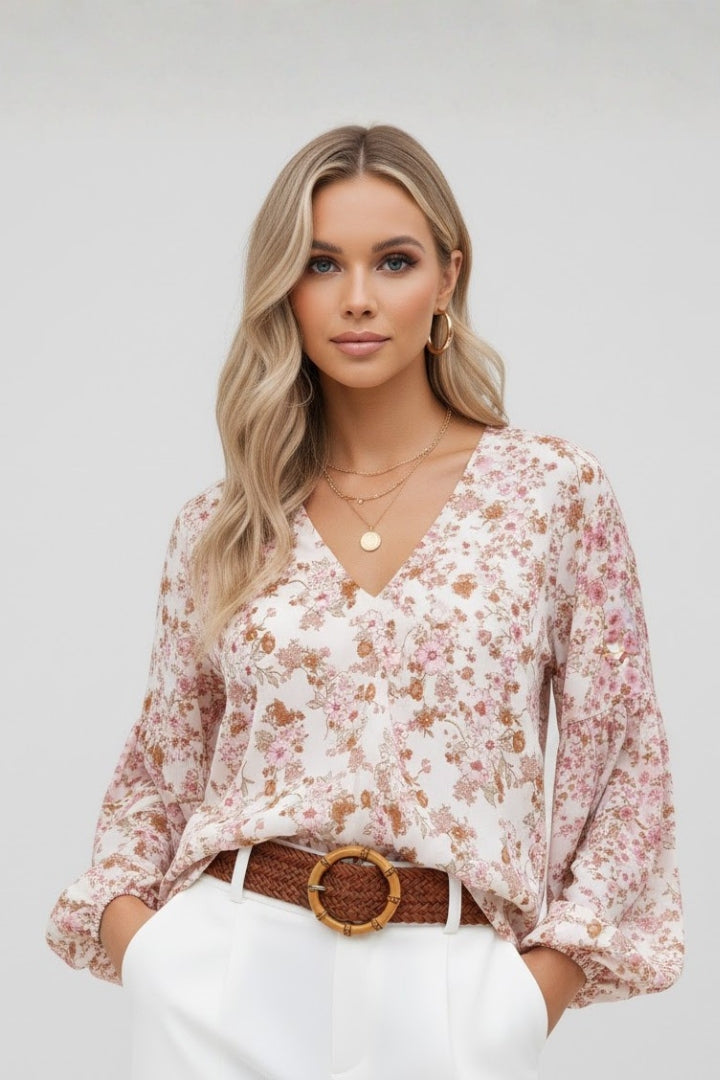 Nia | Women’s Floral V-Neck Blouse – Relaxed Fit Long Sleeve Casual Boho Top