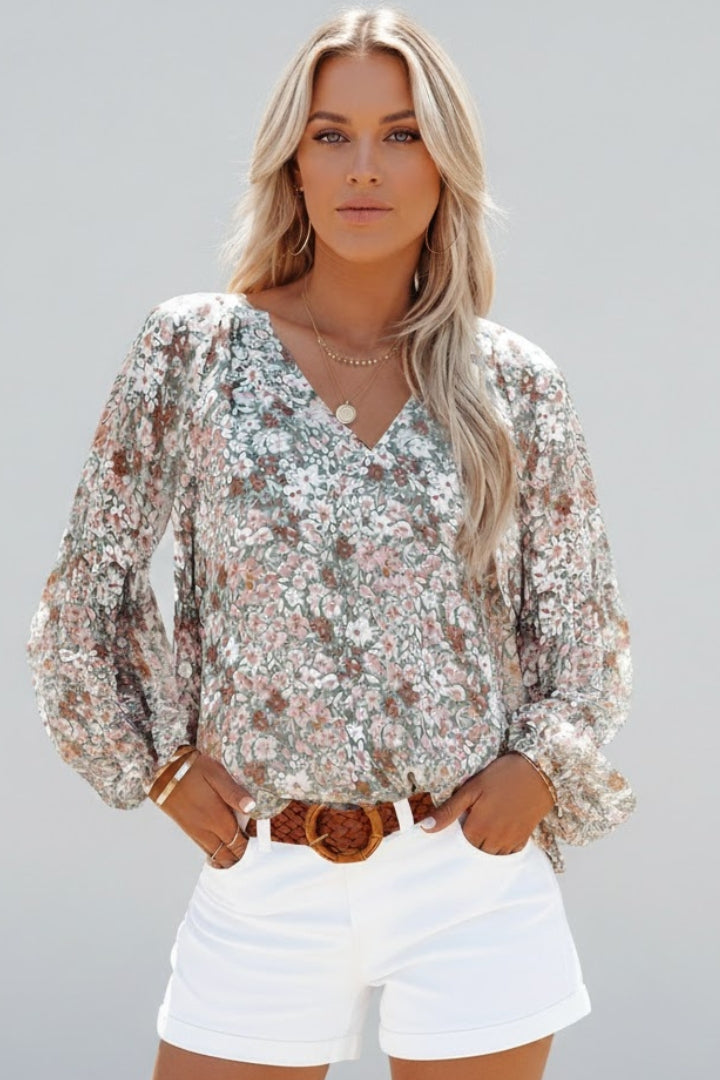 Nia | Women’s Floral V-Neck Blouse – Relaxed Fit Long Sleeve Casual Boho Top