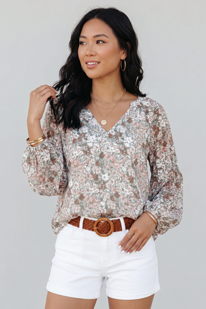 Nia | Women’s Floral V-Neck Blouse – Relaxed Fit Long Sleeve Casual Boho Top
