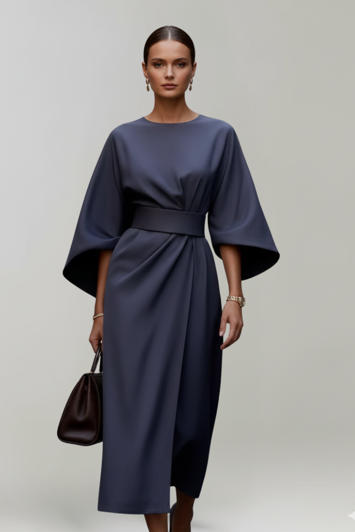 Nina | Women’s Midi Dress with Belted Waist - Wide Sleeves Loose Elegant Casual Dress