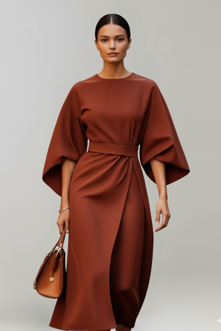 Nina | Women’s Midi Dress with Belted Waist - Wide Sleeves Loose Elegant Casual Dress