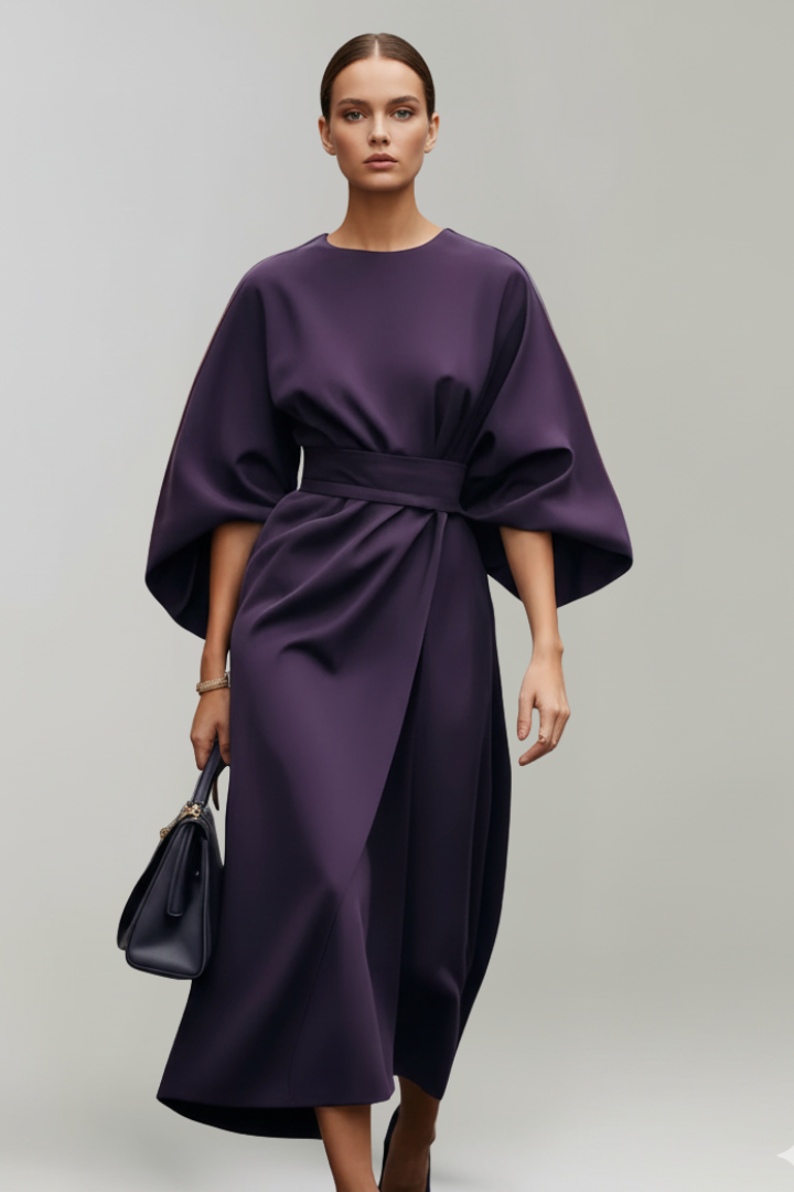 Nina | Women’s Midi Dress with Belted Waist - Wide Sleeves Loose Elegant Casual Dress