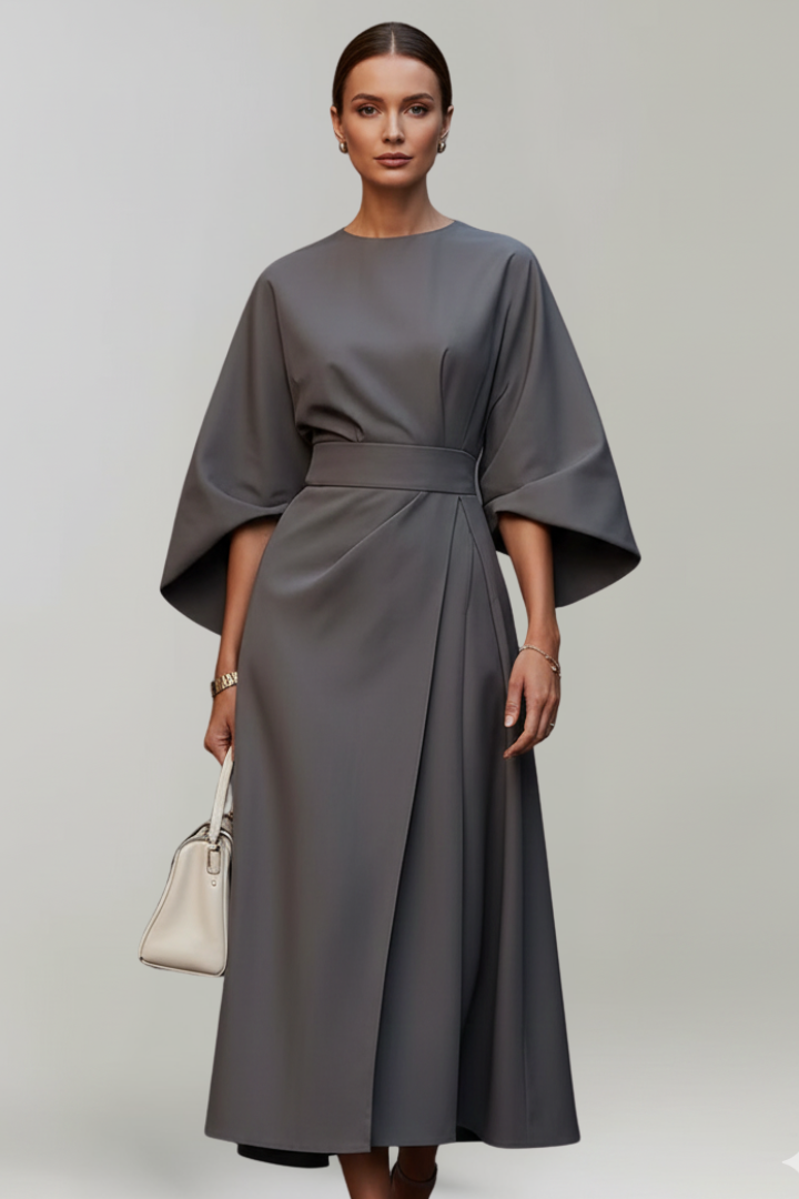 Nina | Women’s Midi Dress with Belted Waist - Wide Sleeves Loose Elegant Casual Dress