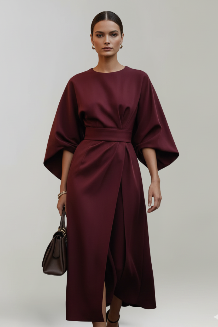 Nina | Women’s Midi Dress with Belted Waist - Wide Sleeves Loose Elegant Casual Dress