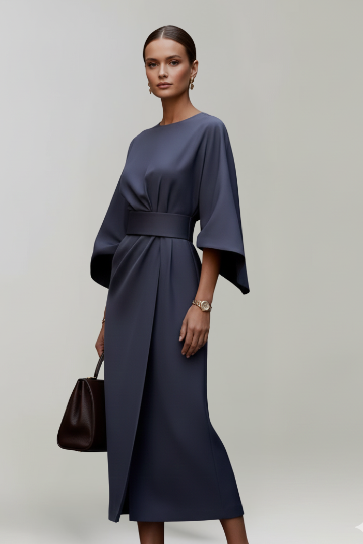 Nina | Women’s Midi Dress with Belted Waist - Wide Sleeves Loose Elegant Casual Dress