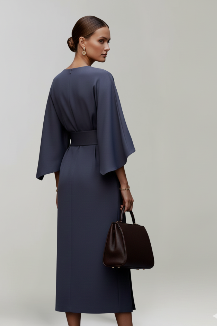Nina | Women’s Midi Dress with Belted Waist - Wide Sleeves Loose Elegant Casual Dress