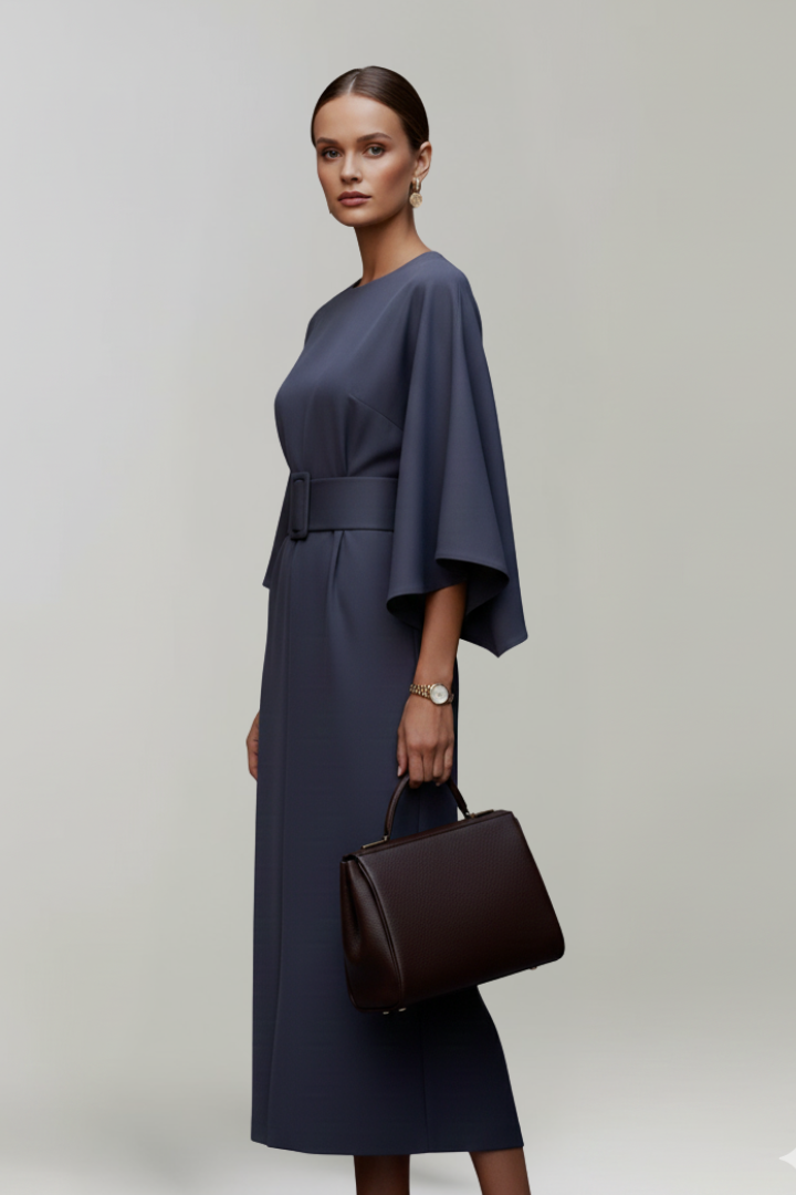 Nina | Women’s Midi Dress with Belted Waist - Wide Sleeves Loose Elegant Casual Dress