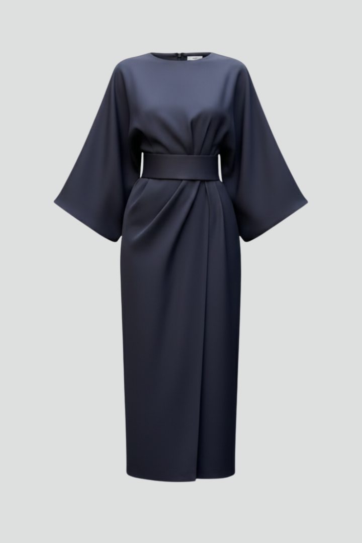 Nina | Women’s Midi Dress with Belted Waist - Wide Sleeves Loose Elegant Casual Dress