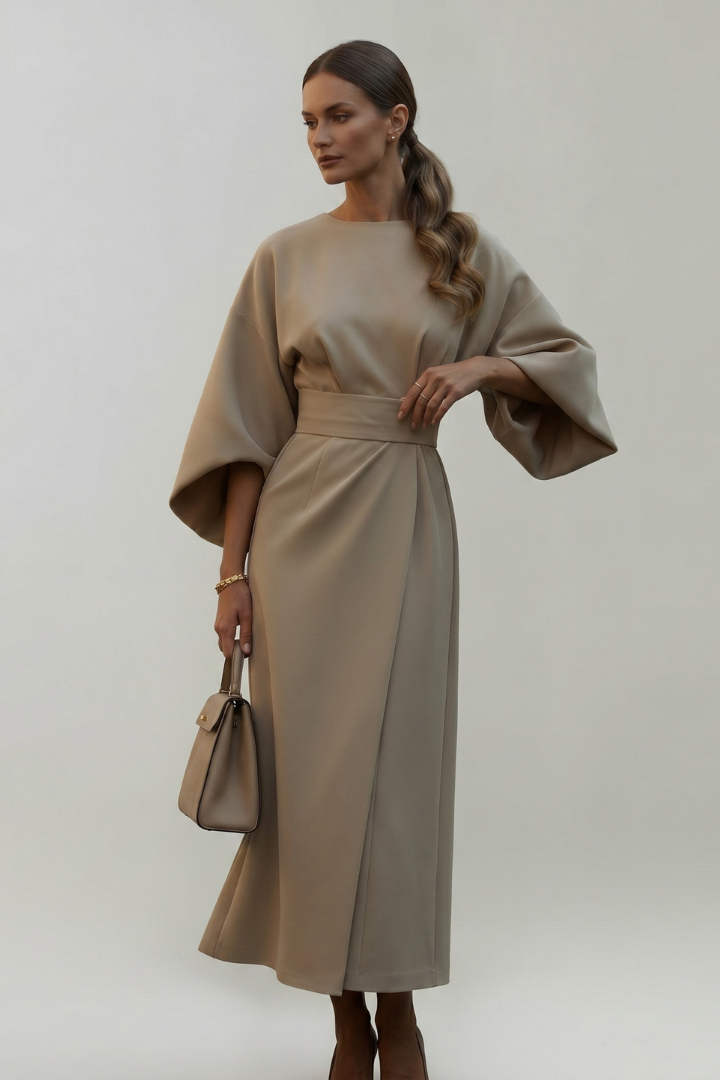 Nina | Women’s Midi Dress with Belted Waist - Wide Sleeves Loose Elegant Casual Dress