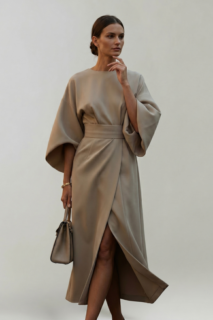 Nina | Women’s Midi Dress with Belted Waist - Wide Sleeves Loose Elegant Casual Dress