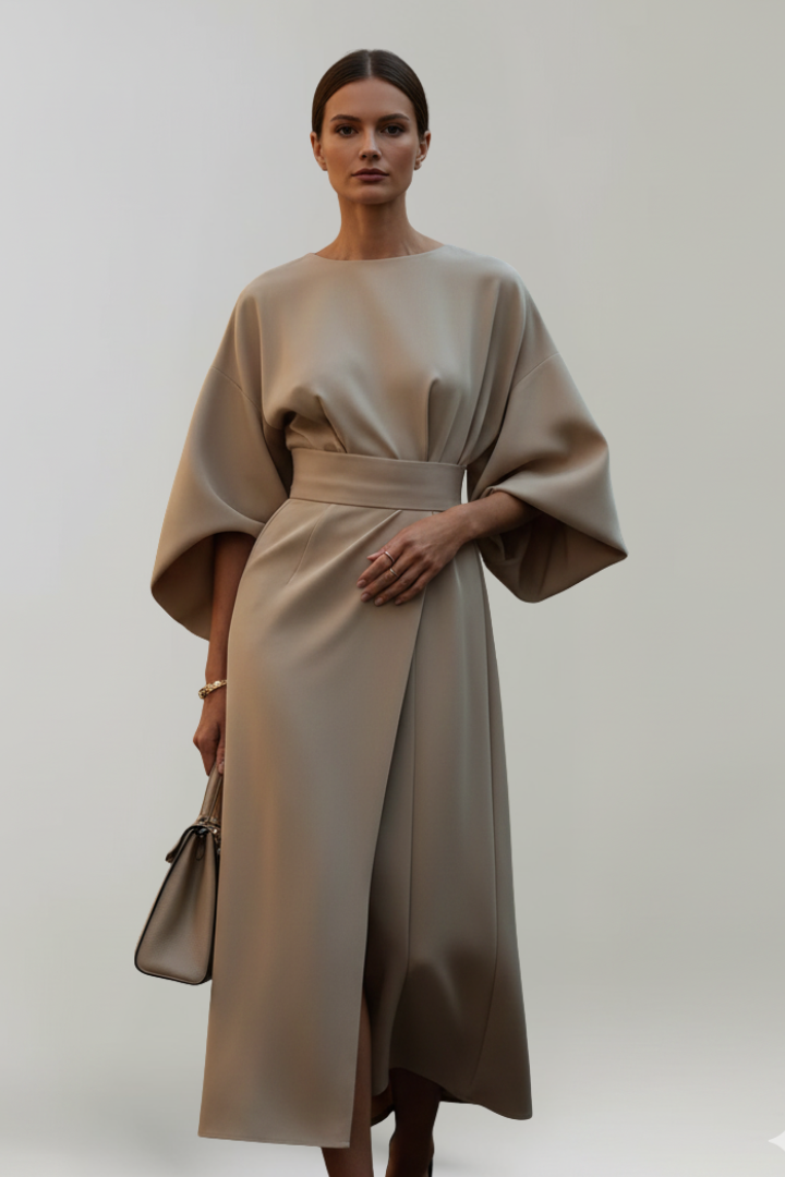 Nina | Women’s Midi Dress with Belted Waist - Wide Sleeves Loose Elegant Casual Dress