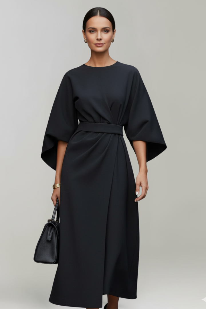 Nina | Women’s Midi Dress with Belted Waist - Wide Sleeves Loose Elegant Casual Dress