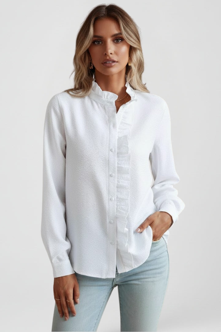 Nixie | Women’s Button Down Ruffle Blouse – Long Sleeve Shirt Collar Workwear Top