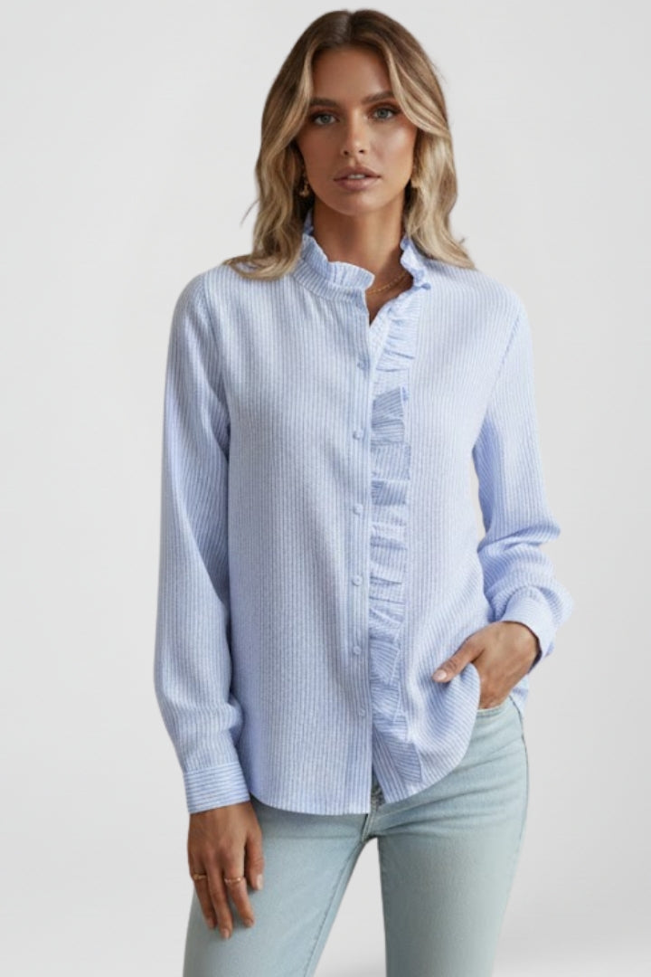 Nixie | Women’s Button Down Ruffle Blouse – Long Sleeve Shirt Collar Workwear Top