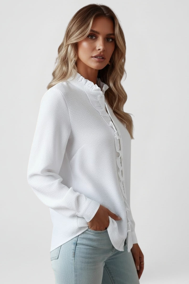 Nixie | Women’s Button Down Ruffle Blouse – Long Sleeve Shirt Collar Workwear Top