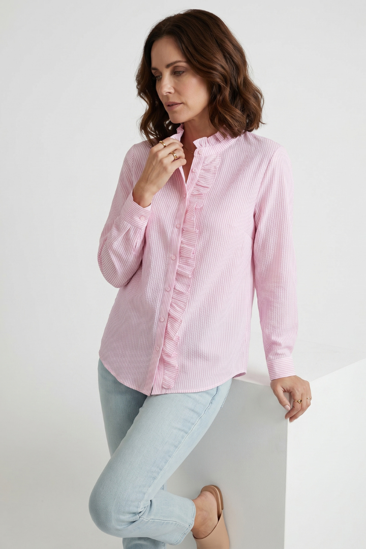 Nixie | Women’s Button Down Ruffle Blouse – Long Sleeve Shirt Collar Workwear Top