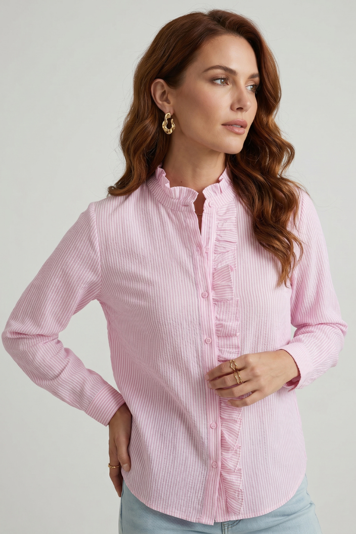 Nixie | Women’s Button Down Ruffle Blouse – Long Sleeve Shirt Collar Workwear Top
