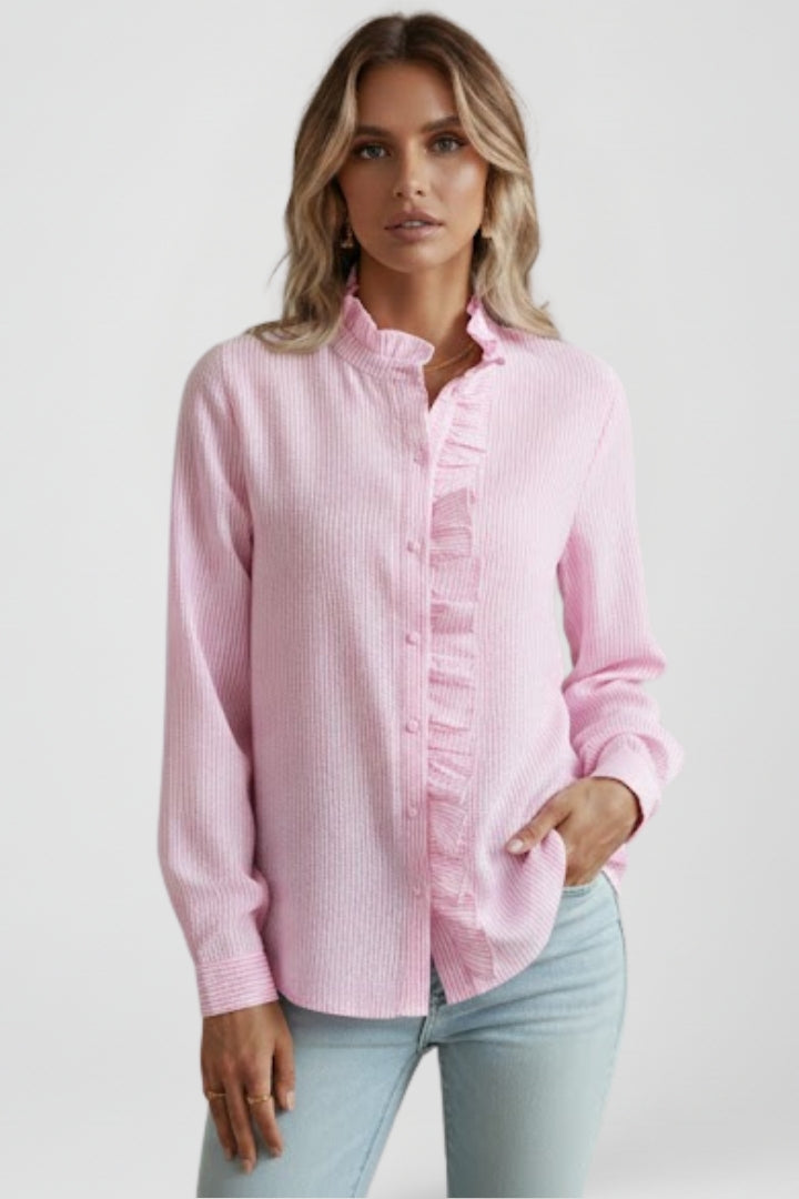 Nixie | Women’s Button Down Ruffle Blouse – Long Sleeve Shirt Collar Workwear Top