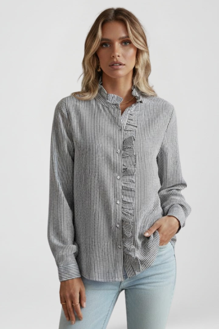 Nixie | Women’s Button Down Ruffle Blouse – Long Sleeve Shirt Collar Workwear Top