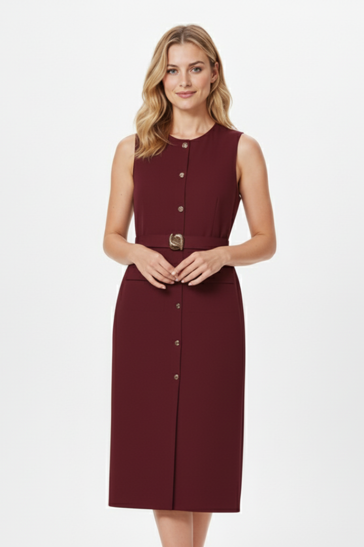 Nola | Women’s Sleeveless Midi Dress – Button Front Belted Waist Dress with Tie Belt