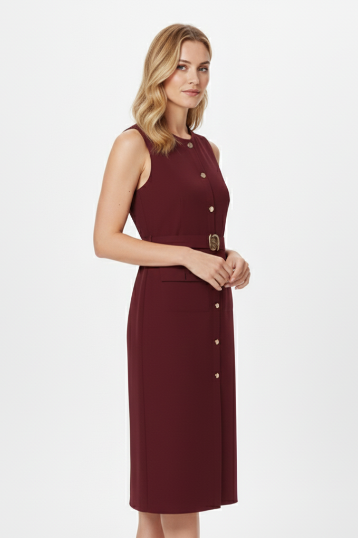 Nola | Women’s Sleeveless Midi Dress – Button Front Belted Waist Dress with Tie Belt