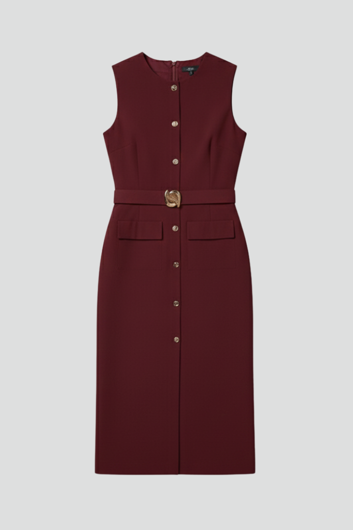 Nola | Women’s Sleeveless Midi Dress – Button Front Belted Waist Dress with Tie Belt