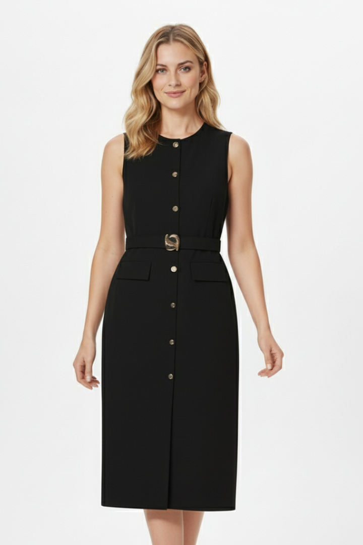 Nola | Women’s Sleeveless Midi Dress – Button Front Belted Waist Dress with Tie Belt