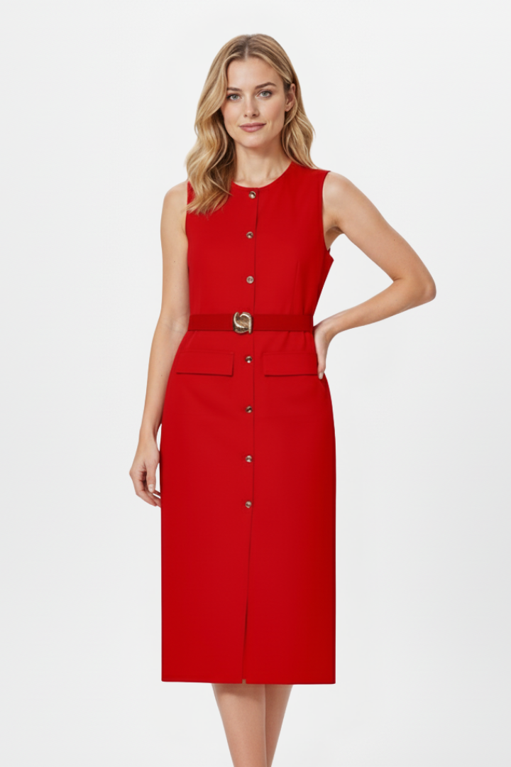 Nola | Women’s Sleeveless Midi Dress – Button Front Belted Waist Dress with Tie Belt
