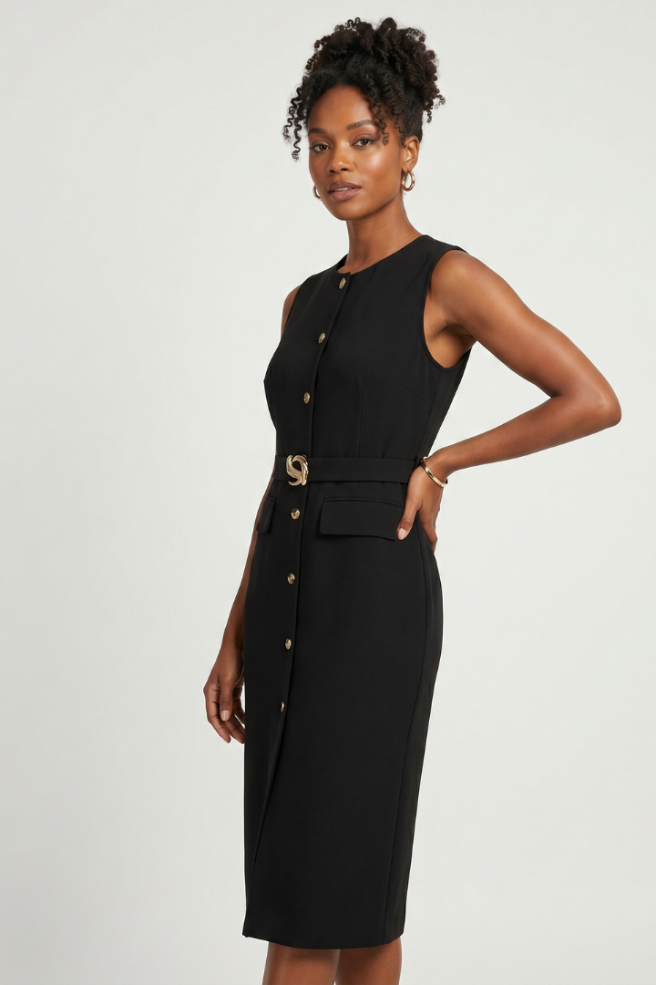 Nola | Women’s Sleeveless Midi Dress – Button Front Belted Waist Dress with Tie Belt