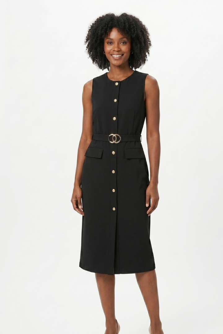 Nola | Women’s Sleeveless Midi Dress – Button Front Belted Waist Dress with Tie Belt