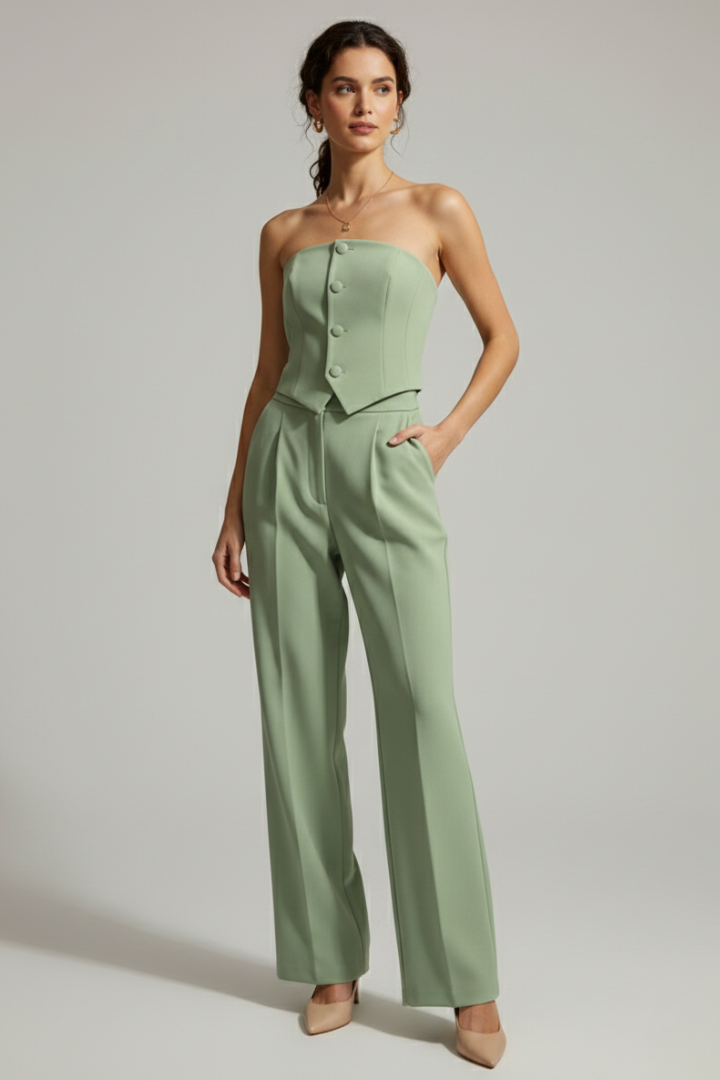 Nomi | Women's Elegant 2-Piece Set - Bustier Top & High Waist Wide-Leg Trousers