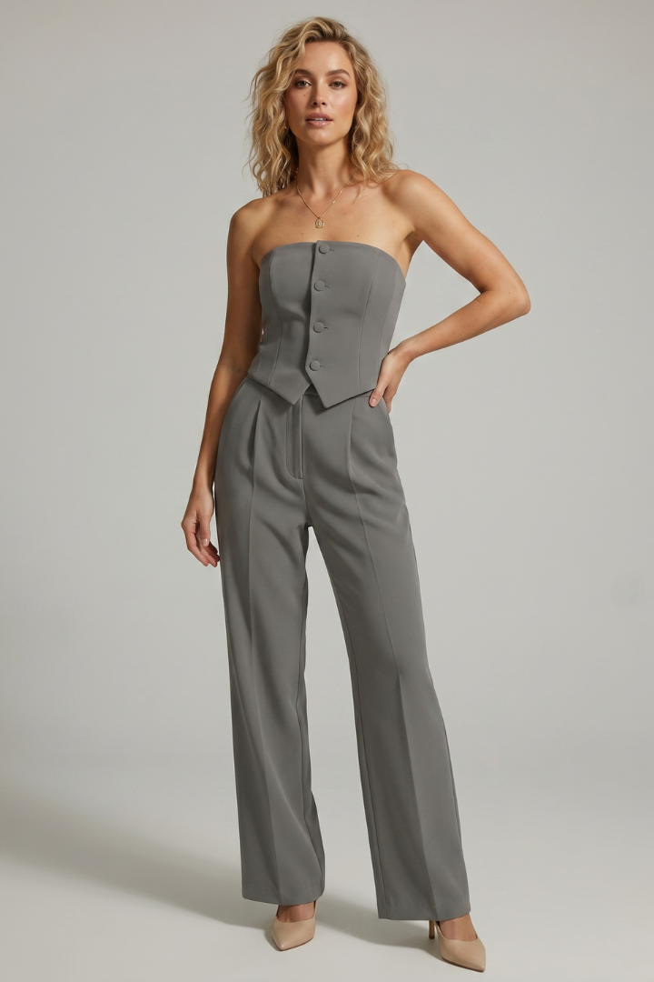 Nomi | Women's Elegant 2-Piece Set - Bustier Top & High Waist Wide-Leg Trousers