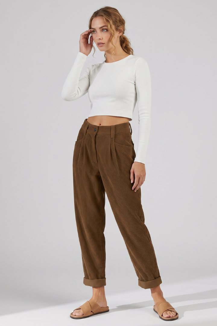 Norella | Women’s High-Waisted Wide-Leg Trousers – Vertical Ribbed Pants