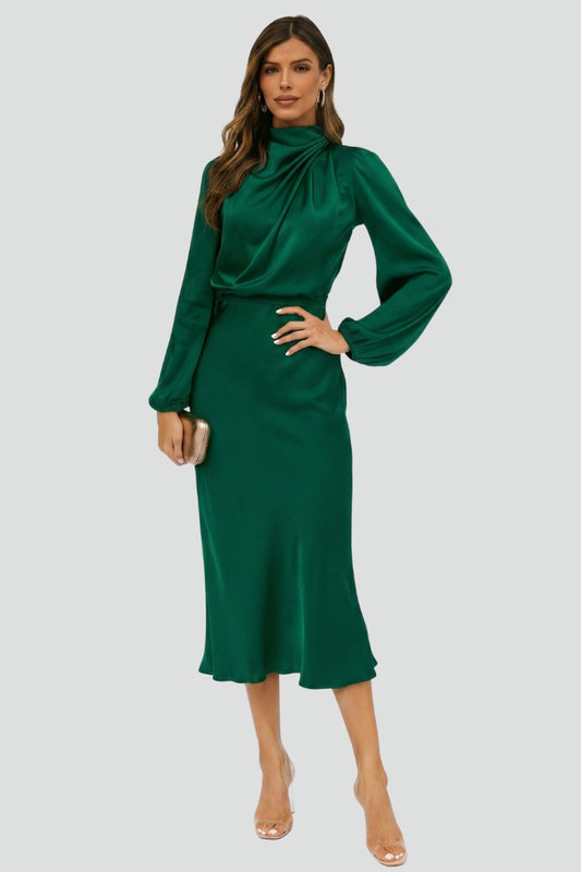 Noriela | Women’s High Neck Midi Dress Long Sleeve Draped Neck Fitted Waist